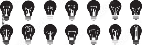 Black and white light bulb icons on white background