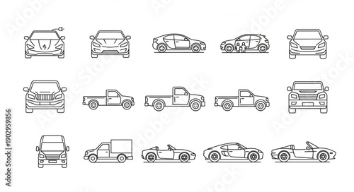 Collection of Car Silhouettes and Line Drawings.