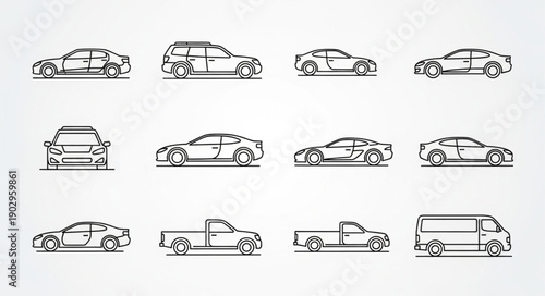 Collection of Car Silhouettes and Line Drawings.