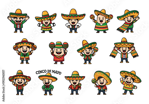 Vibrant cartoon characters celebrating Cinco de Mayo with festive sombreros and outfits in various poses and colorful attire