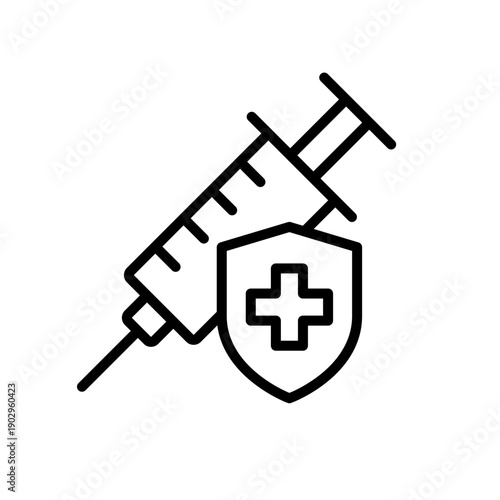 Vaccination black line icon set. Injections icons. Vaccine, medicine, syringe, needle, medication. Vaccination label, symbol, sign, logo, badge, flat vector, isolated illustration.