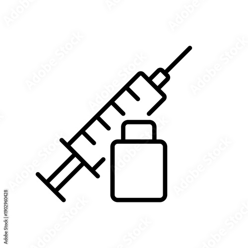 Vaccination black line icon set. Injections icons. Vaccine, medicine, syringe, needle, medication. Vaccination label, symbol, sign, logo, badge, flat vector, isolated illustration.