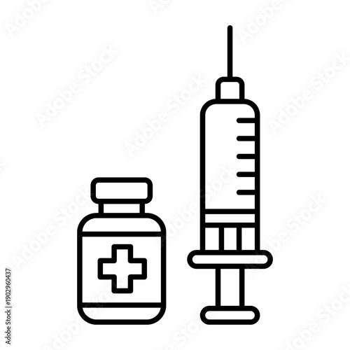 Vaccination black line icon set. Injections icons. Vaccine, medicine, syringe, needle, medication. Vaccination label, symbol, sign, logo, badge, flat vector, isolated illustration.