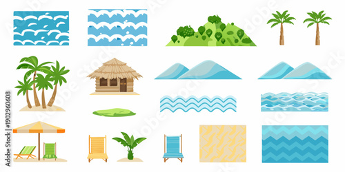 Tropical island elements waves palm trees huts and beach accessories