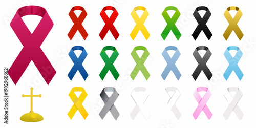 Collection of colorful awareness ribbons and a small gold cross
