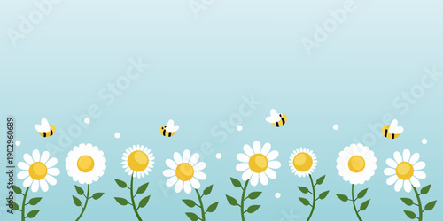 A light blue background with stylized daisies and flying honeybees