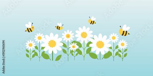 Several bees fly around a patch of white daisies on a light blue background