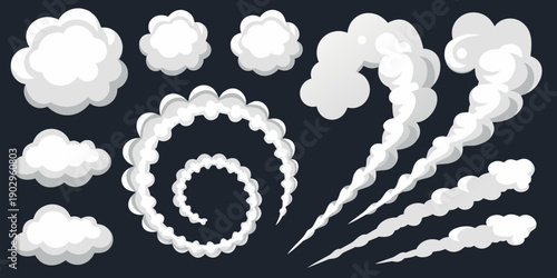 Collection of white cloud and smoke puffs against a dark background