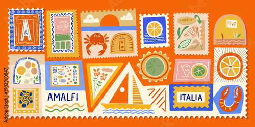 Colorful collection of illustrated postage stamps with italian themes