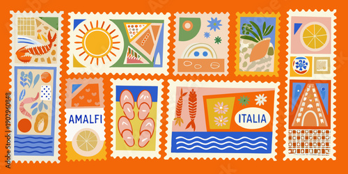 A collection of colorful illustrated postage stamps with various summer motifs