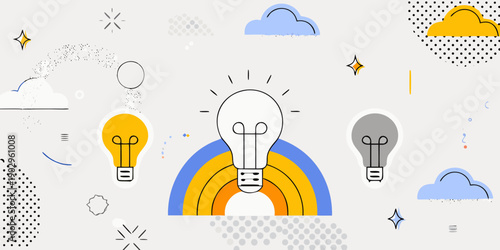 Colorful illustration featuring lightbulbs rainbows and scattered cloud elements