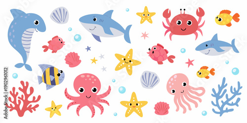 Colorful cartoon marine life illustration with various sea creatures