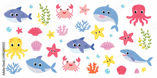 Colorful cartoon illustration of marine life and underwater elements