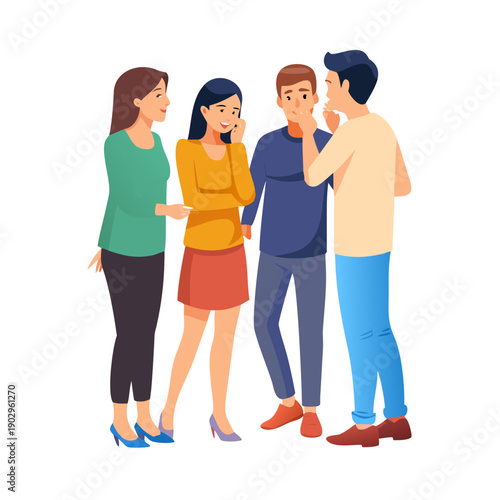 Young men and women talking, gossiping, whispering secrets, telling news. People stand full body. Flat style cartoon vector illustration.