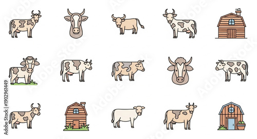 Collection of cartoon cows and farm buildings in a grid layout.