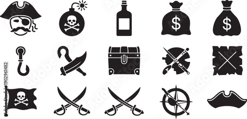 Pirate symbols and objects on white background