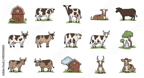 Collection of cartoon cows and farm elements.