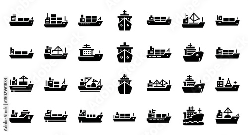Collection of Cargo Ship Icons Vector Illustration.