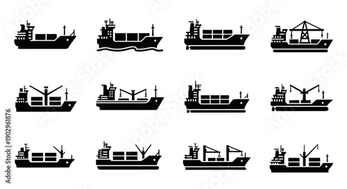 Collection of cargo ship silhouettes for logistics and shipping industry.