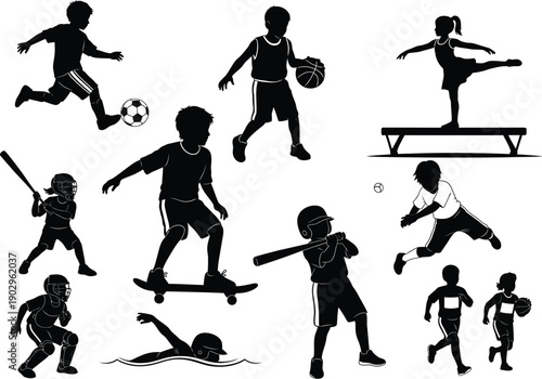 Vibrant silhouettes of active children engaged in diverse sports and recreational activities, showcasing dynamic movements and childhood energy.