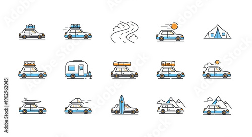 Collection of cartoon cars and camping icons for travel.