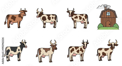 Collection of Cartoon Cows and Barn Illustration.