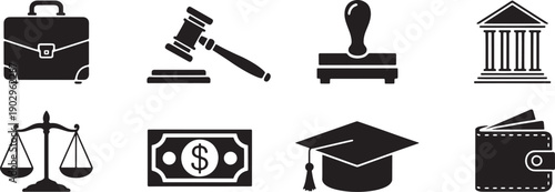 Eight black and white icons representing business and education  law and finance symbols