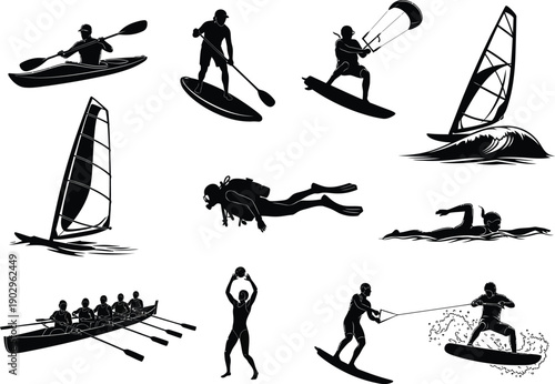 Silhouettes of people enjoying various water and adventure sports, including kayaking, paddleboarding, kitesurfing, windsurfing, diving, rowing, and wakeboarding.