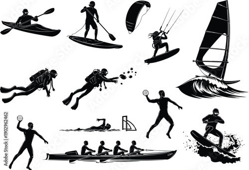 Dynamic silhouettes capturing the thrill of water and adventure sports like kayaking, paddleboarding, kiteboarding, windsurfing, scuba diving, rowing, and wakeboarding.