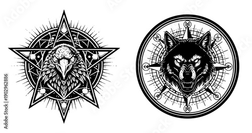 Detailed line art vector illustration of an aggressive wolf head placed inside a sacred compass and geometric mandala frame. Mystical, esoteric, and tattoo-style design with clean symmetrical strokes 