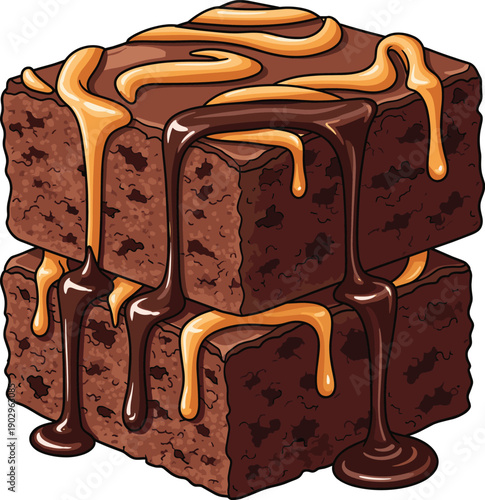 Delicious chocolate brownie stack vector illustration with dripping gooey caramel sauce and melted dark chocolate syrup topping dessert.