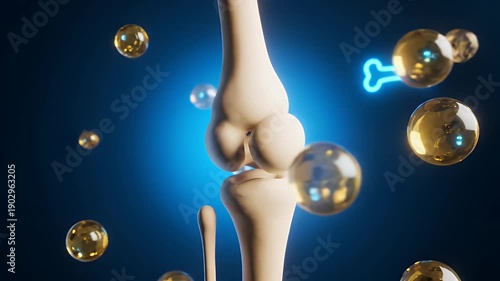 Healthy human knee bone joint with golden oil molecules on blue background