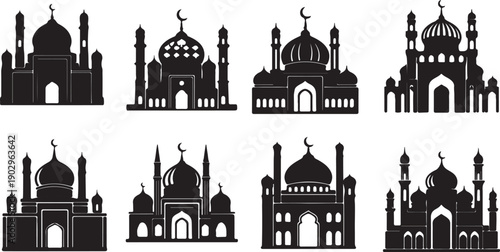 slamic architecture, mosque silhouettes, geometric patterns, domes and minarets, crescent moon symbol, arched windows, ornate details, black and white icons, Middle Eastern buildings, stylized religio