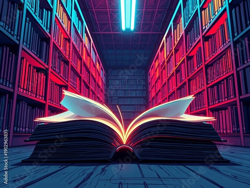 Cyberpunk library glow, low angle neon stack of open books, vector sketch,  neon,  vector