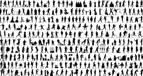 Active people silhouettes mega collection, men women children performing daily activities, sports work lifestyle poses, human figures set, black isolated