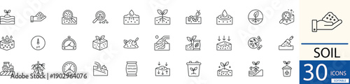 Flat line vector soil icon set showing earth, agriculture, and soil health concepts in clean minimal style. Perfect for farming, gardening, agriculture, and environmental design use