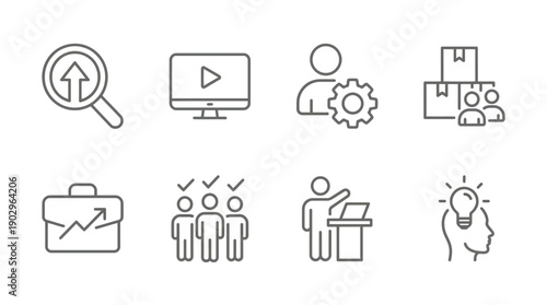 Business icons in minimalist line art style with simple shapes and white background for web design