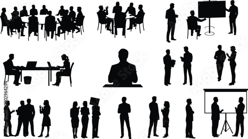 Business people silhouette collection, office meeting teamwork scenes, corporate communication, presentation discussion, professional work concept, isolated set