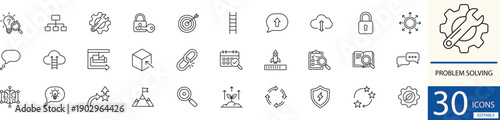 Flat line vector problem solving icon set showing analysis, solutions, and critical thinking concepts in clean minimal style. Perfect for business, education, and management design use.
