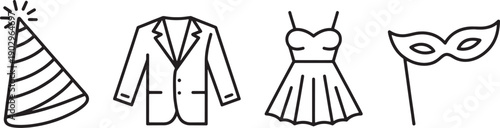 Line drawing of party accessories and clothes for masquerade ball