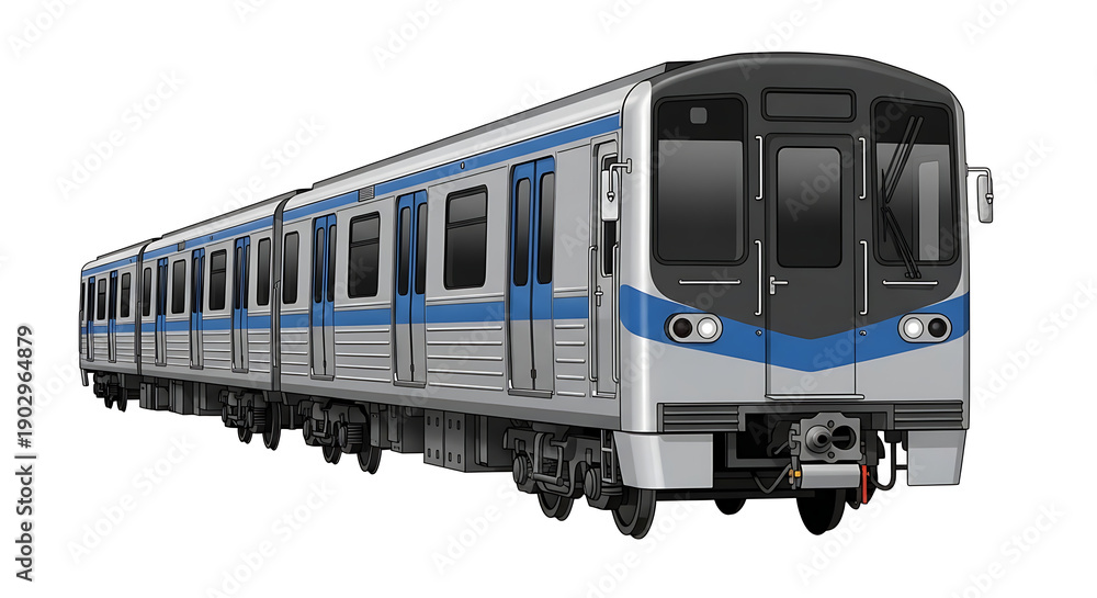 Naklejka premium Modern subway train with sleek design and blue accents on a plain background from a slight angle viewpoint