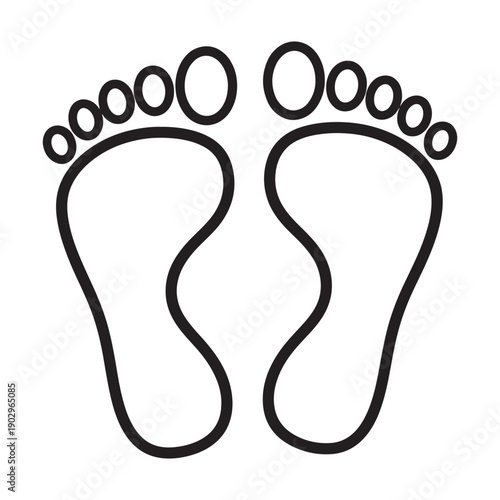 A simple black and white illustration of a pair of bare human footprints.