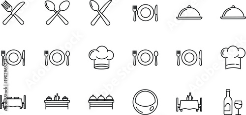 Line art icons representing dining, food service, and restaurant elements.