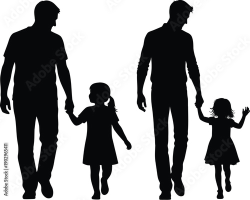 Two fathers holding hands with their daughters walking together in a happy family moment captured in silhouette from behind