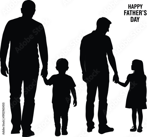 Silhouetted father and children walking together, holding hands, celebrating Father's Day outdoors