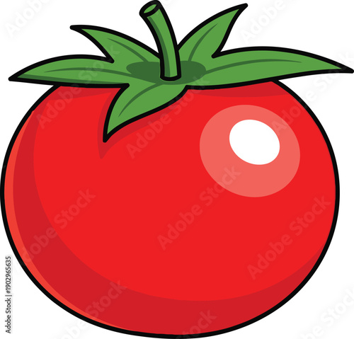 A cartoon style illustration of a ripe red tomato with green leaves