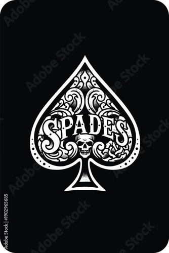 An ornate spade symbol illustration on a solid black background from a direct viewpoint