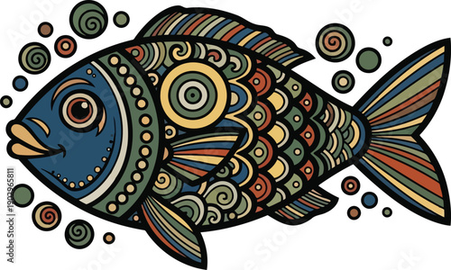Vibrant illustration of a colorful fish with intricate patterns swimming amidst circular shapes in a stylized underwater scene viewed from the side
