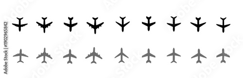 Vector illustration of plane. Set of minimalist airplane silhouettes and aircraft icons in black and grey, perfect for travel, aviation, and transportation design