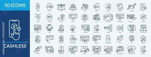 Cashless - Icon Collection. Thin Outline Set contains such Icons as banking, platform, encryption and more. Simple web icons set